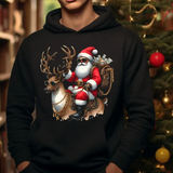 Black hoodie with festive Santa and reindeer DTF print, Christmas tree in background