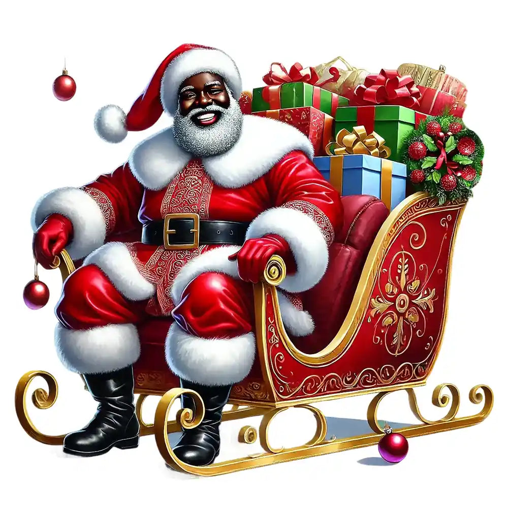 Cheerful Santa Claus in red suit sitting on ornate red and gold sleigh filled with colorful Christmas presents