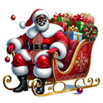 Cheerful Santa Claus in red suit sitting on ornate red and gold sleigh filled with colorful Christmas presents