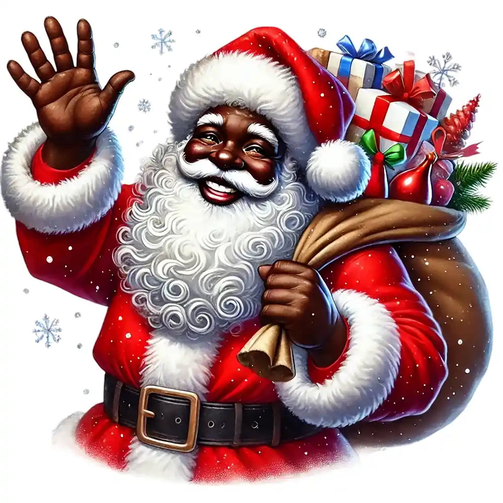 Smiling Black Santa Claus in red suit, waving hand, carrying gift-filled sack with snowflakes