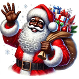 Smiling Black Santa Claus in red suit, waving hand, carrying gift-filled sack with snowflakes