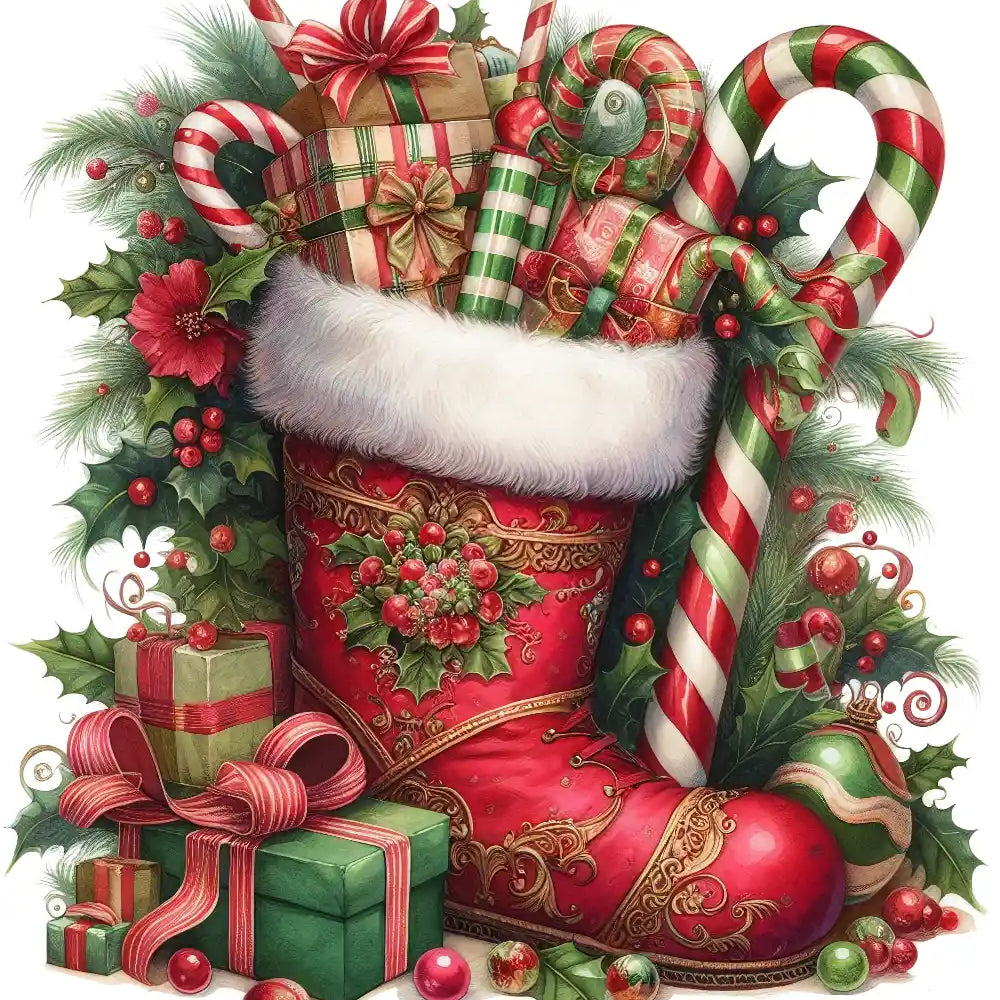 Festive Christmas scene with red santa boot, candy canes, wrapped gifts, holly, and pine branches