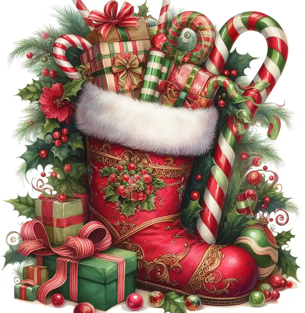 Festive Christmas scene with red santa boot, candy canes, wrapped gifts, holly, and pine branches