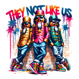 Three stylized nutcracker-like figures in colorful military jackets with sunglasses, standing against graffiti wall with 'They Not Like Us' text