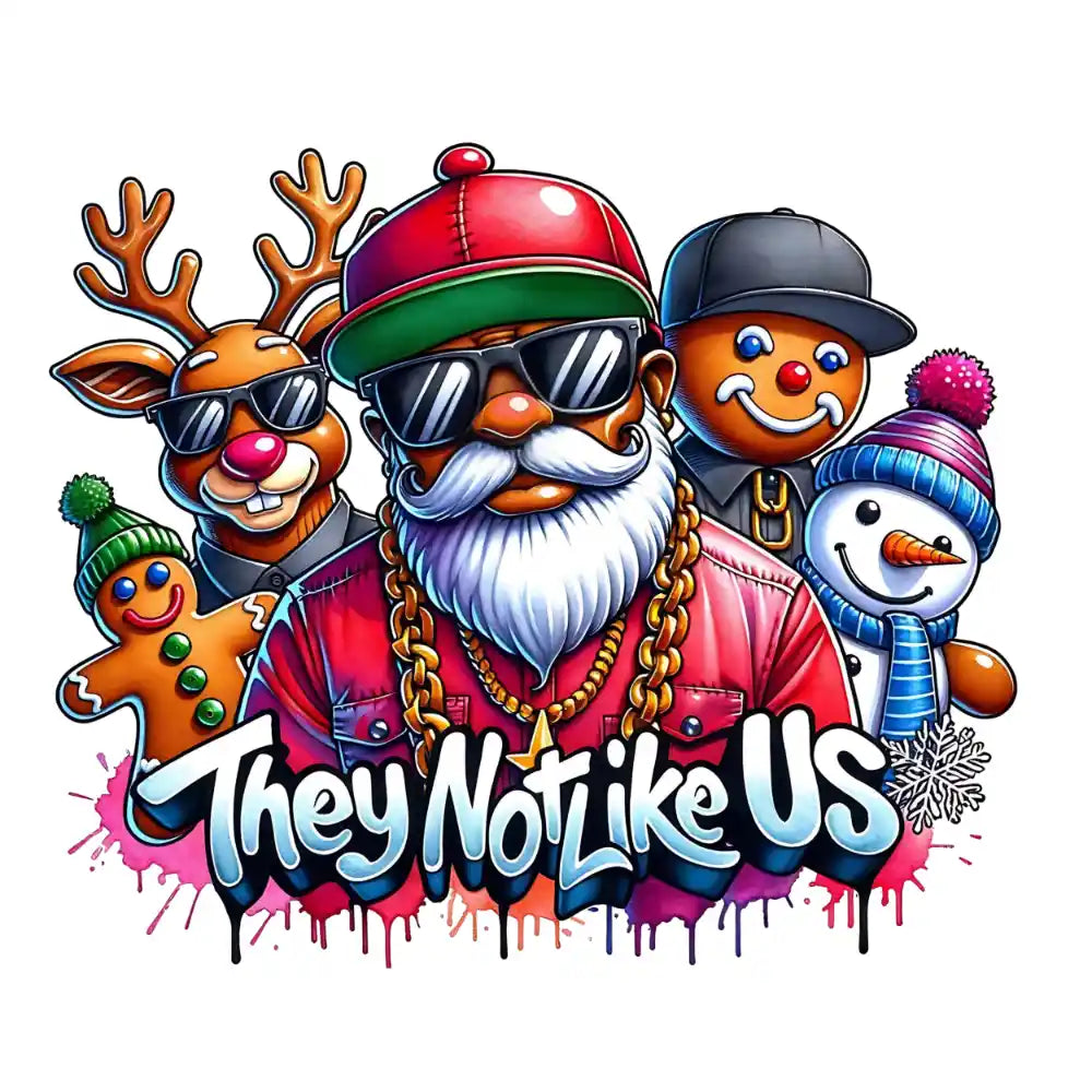 Cartoon Christmas characters with sunglasses, Santa, reindeer, gingerbread man, snowman in cool urban style
