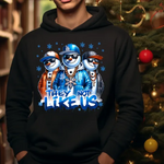 Black hoodie with three stylized snowmen wearing baseball caps and sunglasses, text reads they not like us