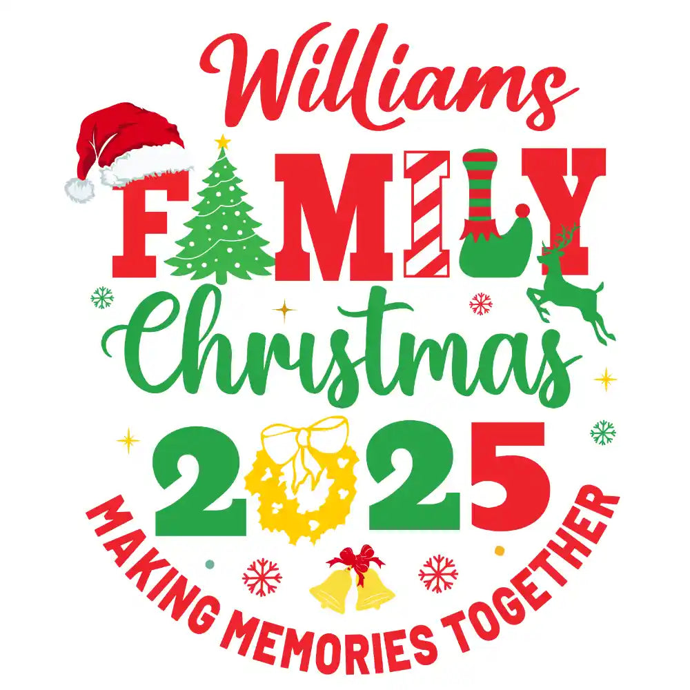 Williams Family Christmas 2025 design with Santa hat, Christmas tree, elf, reindeer, and festive holiday elements