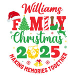 Williams Family Christmas 2025 design with Santa hat, Christmas tree, elf, reindeer, and festive holiday elements