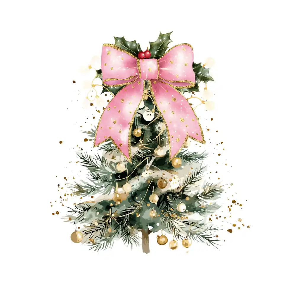 Watercolor christmas tree with pink bow, gold ornaments, and holly leaves