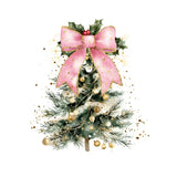 Watercolor christmas tree with pink bow, gold ornaments, and holly leaves