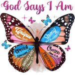 Colorful butterfly with biblical scripture verses on wings, symbolizing spiritual identity and strength