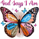 Colorful butterfly with biblical scripture verses on wings, symbolizing spiritual identity and strength