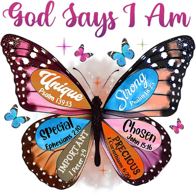 Colorful butterfly with biblical scripture verses on wings, symbolizing spiritual identity and strength