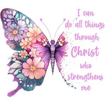 Colorful butterfly made of pink and purple flowers with inspirational faith-based text