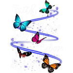 Colorful butterflies flying on blue swirling energy lines with purple sparkle background