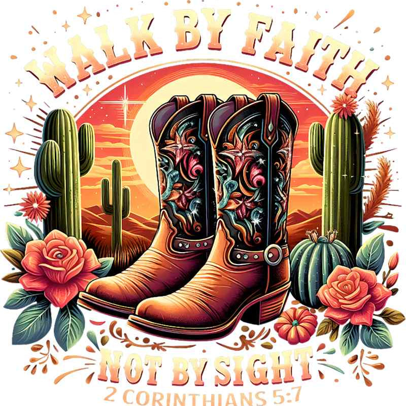 Vintage cowboy boots with 'Walk by Faith Not by Sight' biblical design, surrounded by desert cactus and roses