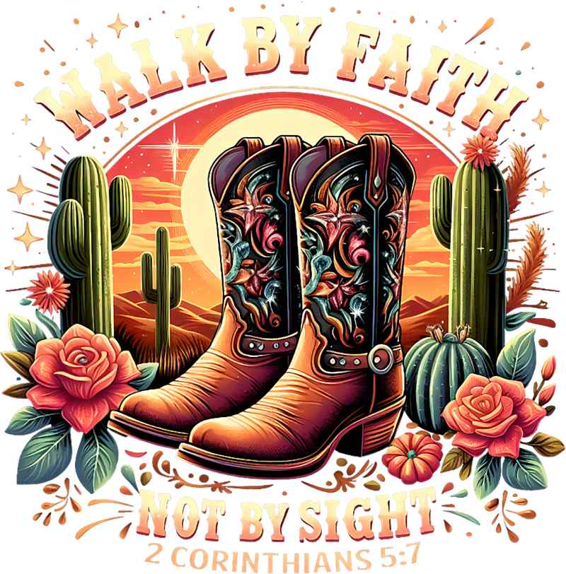 Vintage cowboy boots with 'Walk by Faith Not by Sight' biblical design, surrounded by desert cactus and roses