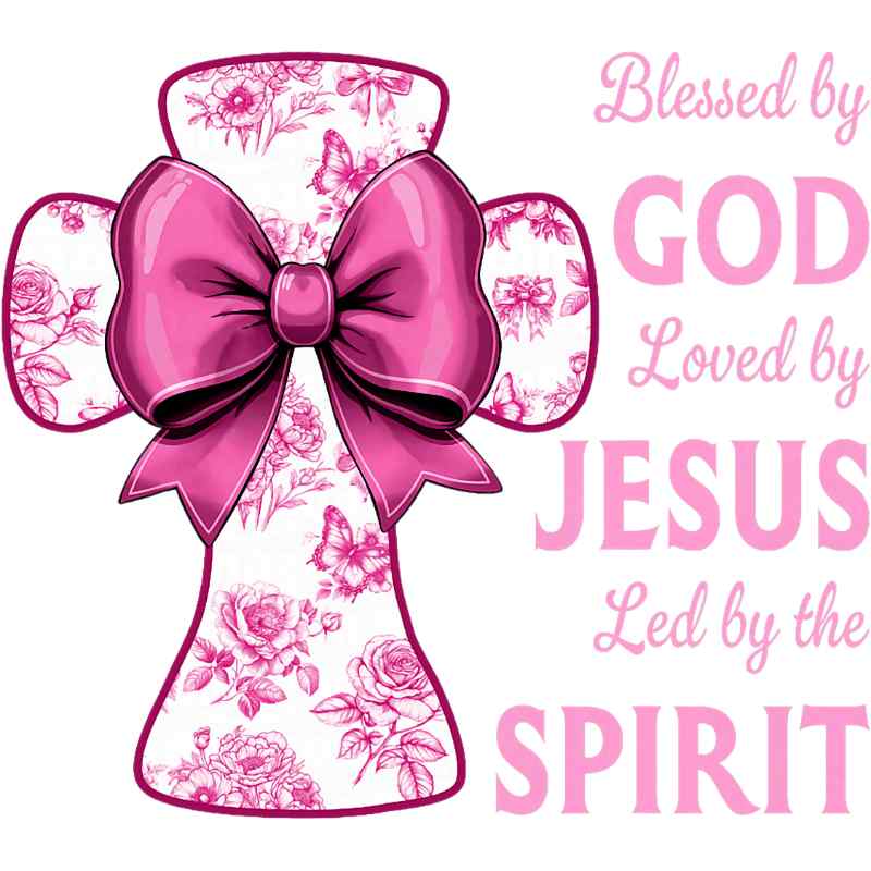 Pink floral cross with large bow, featuring inspirational Christian message about God's love and Spirit