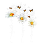 Watercolor white daisies with yellow centers and monarch butterflies on soft background