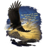 Bald eagle soaring with Isaiah 40:31 biblical scripture, mountain landscape background with sunset and cross