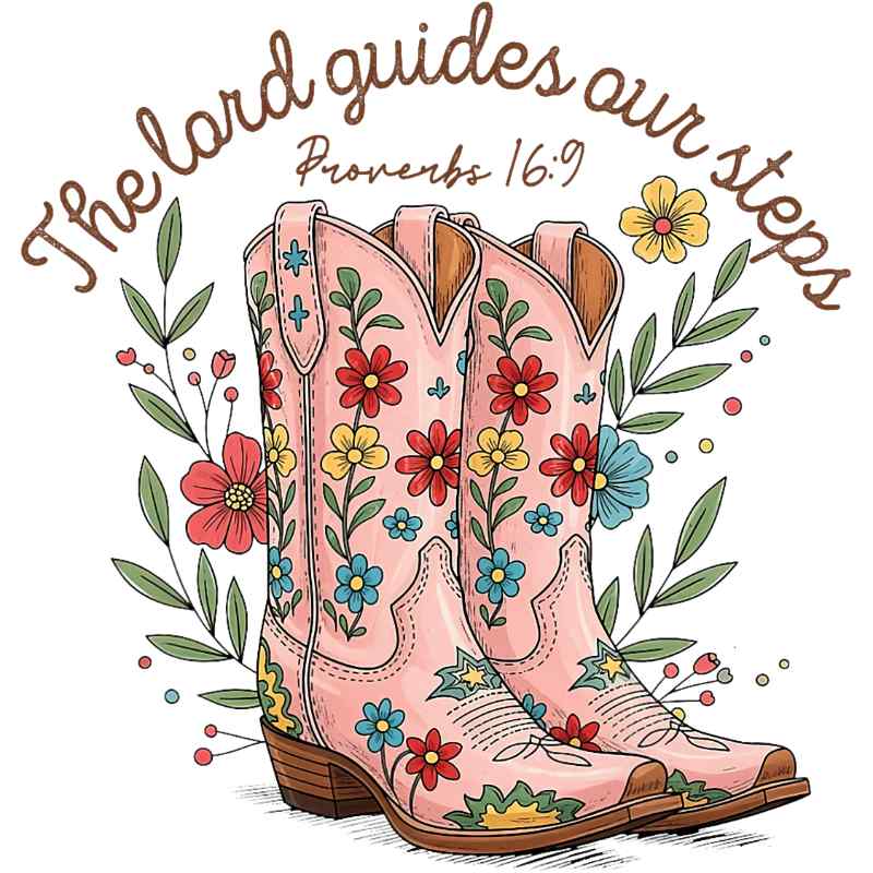 Pink floral cowboy boots with red and blue flowers, green leaves, surrounded by biblical scripture text