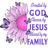 Pink sunflower with purple butterflies and inspirational faith-based text about God, Jesus, and family