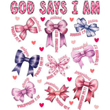 Watercolor pink and blue bows with inspirational faith-based text 'God Says I Am' and biblical references