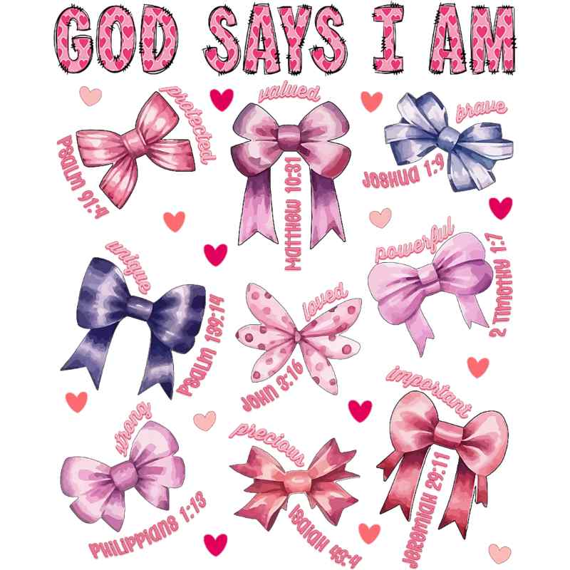 Watercolor pink and blue bows with inspirational faith-based text 'God Says I Am' and biblical references