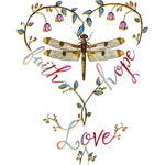 Delicate heart-shaped floral design with dragonfly, featuring faith, hope, love words in pastel colors