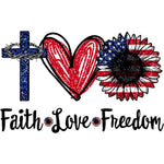 Patriotic design with blue cross, red heart, American flag sunflower and 'Faith Love Freedom' text