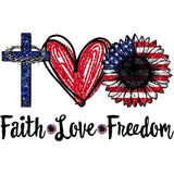 Patriotic design with blue cross, red heart, American flag sunflower and 'Faith Love Freedom' text