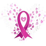 Pink ribbon with surrounding heart-shaped design symbolizing breast cancer awareness support