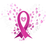 Pink ribbon with surrounding heart-shaped design symbolizing breast cancer awareness support