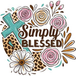 Turquoise cross with leopard print, pink roses, white daisy, 'Simply Blessed' design in decorative floral arrangement