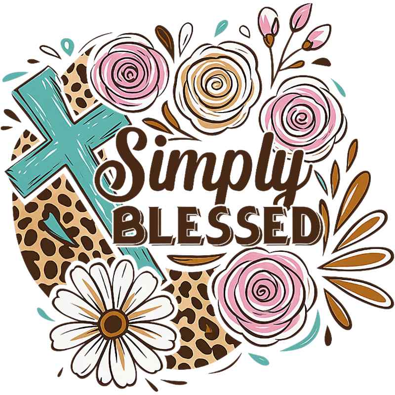 Turquoise cross with leopard print, pink roses, white daisy, 'Simply Blessed' design in decorative floral arrangement