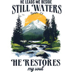 Mountain landscape with still river, snowy peak, yellow sun, pine trees - Psalm 23 biblical scripture design