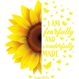 Bright yellow sunflower with inspirational text 'I am fearfully and wonderfully made' from Psalm 139:14