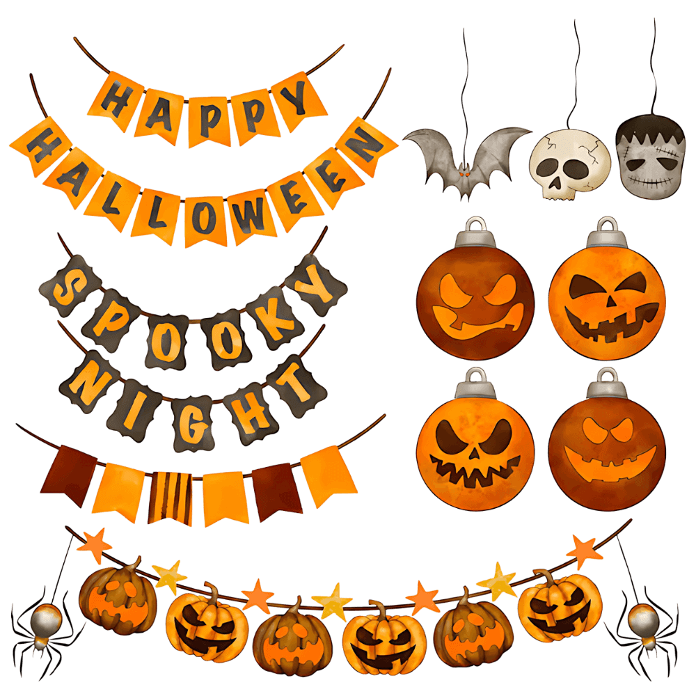 Halloween decorations including banners reading "HAPPY HALLOWEEN", "SPOOKY NIGHT" with jack-o'-lanterns, bats, skulls, spiders, and ornamental star-studded pumpkin garlands in orange, black, and gray tones.