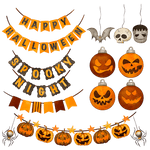 Halloween decorations including banners reading "HAPPY HALLOWEEN", "SPOOKY NIGHT" with jack-o'-lanterns, bats, skulls, spiders, and ornamental star-studded pumpkin garlands in orange, black, and gray tones.
