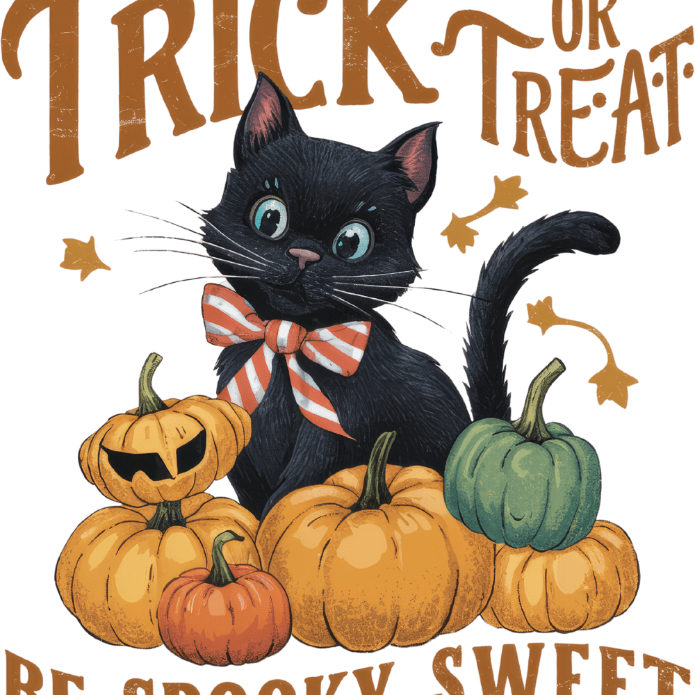 A black cat with a red-and-white striped bow sits among various orange and green pumpkins. The text reads "TRICK OR TREAT" at the top and "BE SPOOKY SWEET" at the bottom, in a vintage-style orange font.