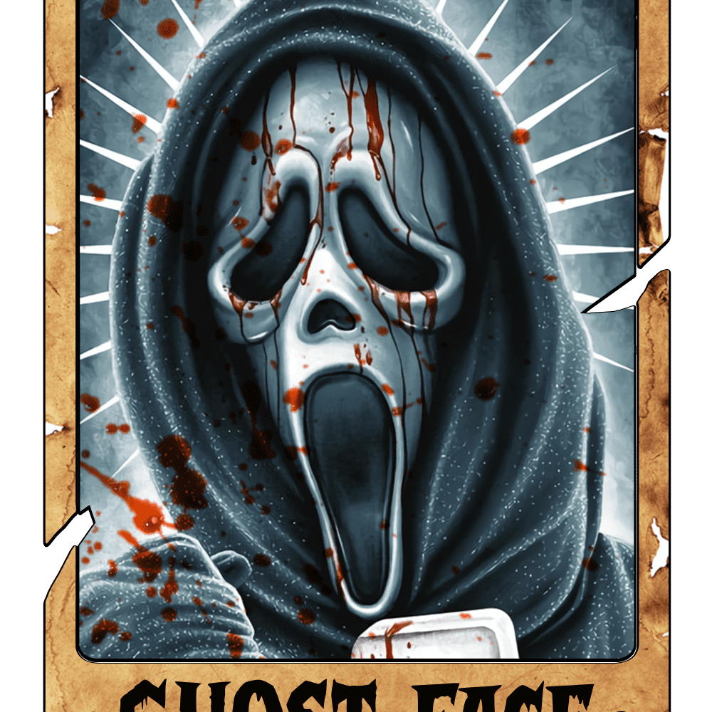 A distorted, ghostly face with an elongated scream, covered in blood splatters, wearing a dark hood. Radial white lines emanate from behind, creating a stark, horror-themed illustration. Text reads: "GHOST FACE" in a jagged, gothic font.