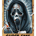 A distorted, ghostly face with an elongated scream, covered in blood splatters, wearing a dark hood. Radial white lines emanate from behind, creating a stark, horror-themed illustration. Text reads: "GHOST FACE" in a jagged, gothic font.