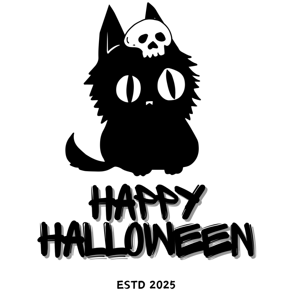 A black, fluffy cartoon cat with large white eyes sits with a small skull perched on its head. Text below reads "HAPPY HALLOWEEN" and "ESTD 2025" in a stylized, shadowy font.