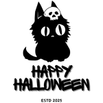 A black, fluffy cartoon cat with large white eyes sits with a small skull perched on its head. Text below reads "HAPPY HALLOWEEN" and "ESTD 2025" in a stylized, shadowy font.