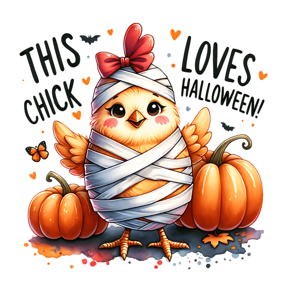 A cute cartoon chick wrapped in mummy bandages with a red bow, standing between two orange pumpkins. Bats and hearts surround text reading "THIS CHICK LOVES HALLOWEEN!"
