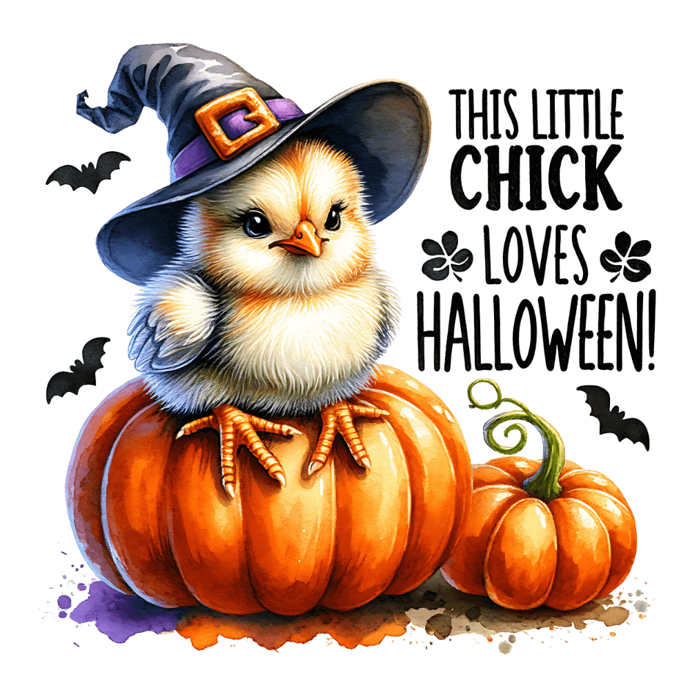 A baby chick wearing a witch's hat sits on an orange pumpkin, surrounded by black bats. Text reads: "THIS LITTLE CHICK LOVES HALLOWEEN!"