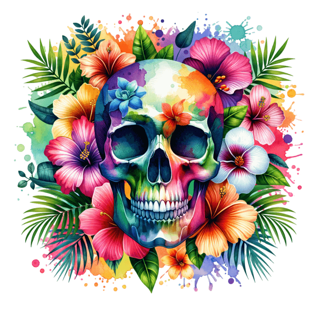 A colorful skull is surrounded by vibrant tropical flowers and palm leaves, with watercolor splashes creating a dynamic, artistic composition blending life and death in a vivid, eye-catching design.