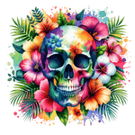 A colorful skull is surrounded by vibrant tropical flowers and palm leaves, with watercolor splashes creating a dynamic, artistic composition blending life and death in a vivid, eye-catching design.