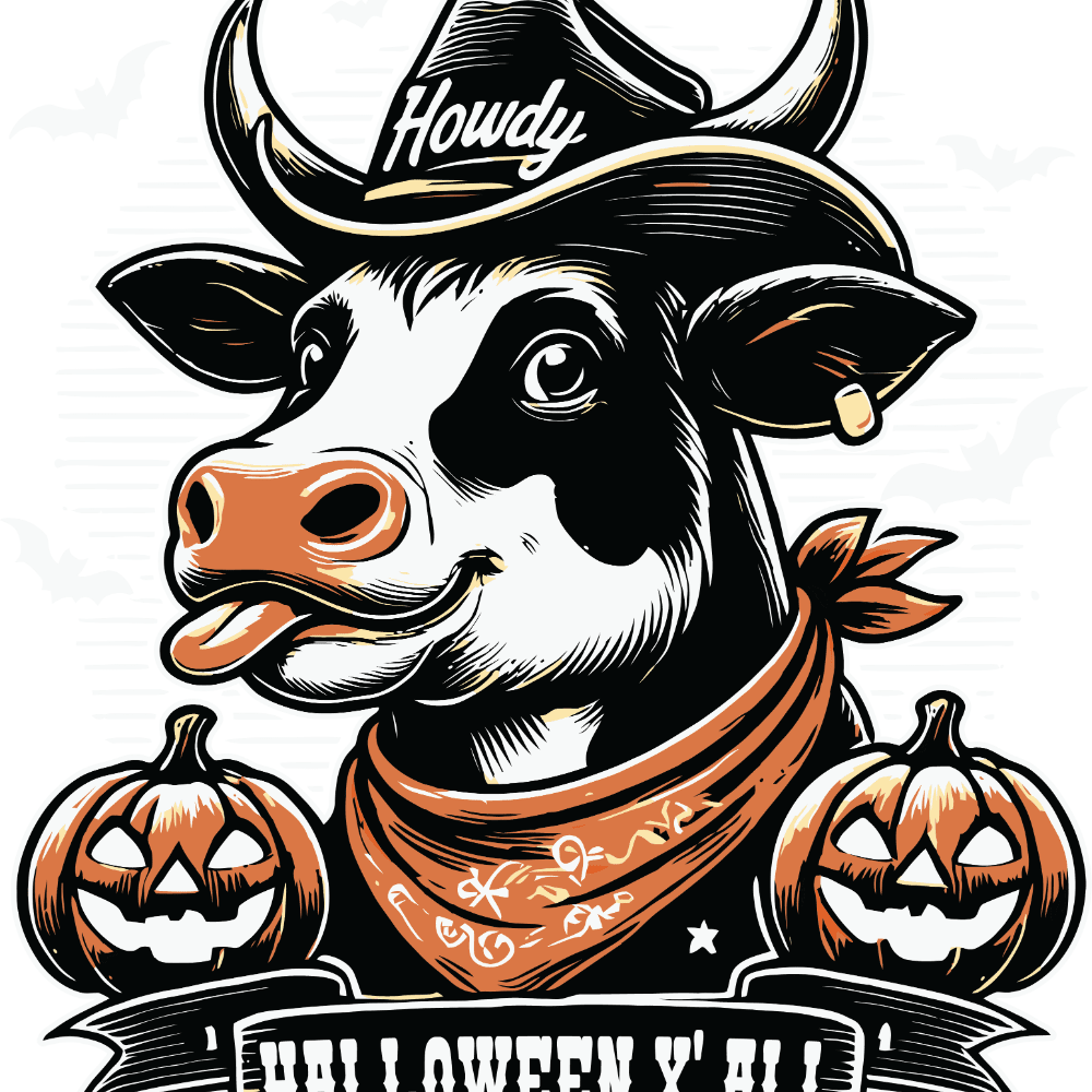 A black and white cow wearing a cowboy hat and bandana, surrounded by two jack-o'-lanterns, with a banner reading "HALLOWEEN Y'ALL" beneath the illustration.