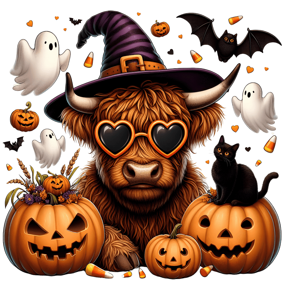 A fluffy Highland cow wears heart-shaped sunglasses and a witch's hat, surrounded by jack-o'-lanterns, ghosts, bats, black cats, and candy corn in a festive Halloween scene.